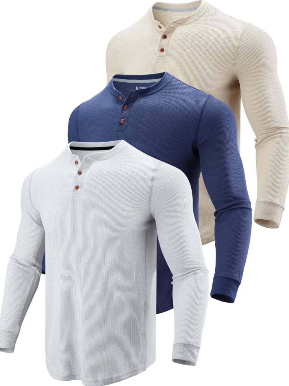 Men's Waffle Henley Long Sleeve Shirt - 3 Pack, Cozy Casual Tops for Every